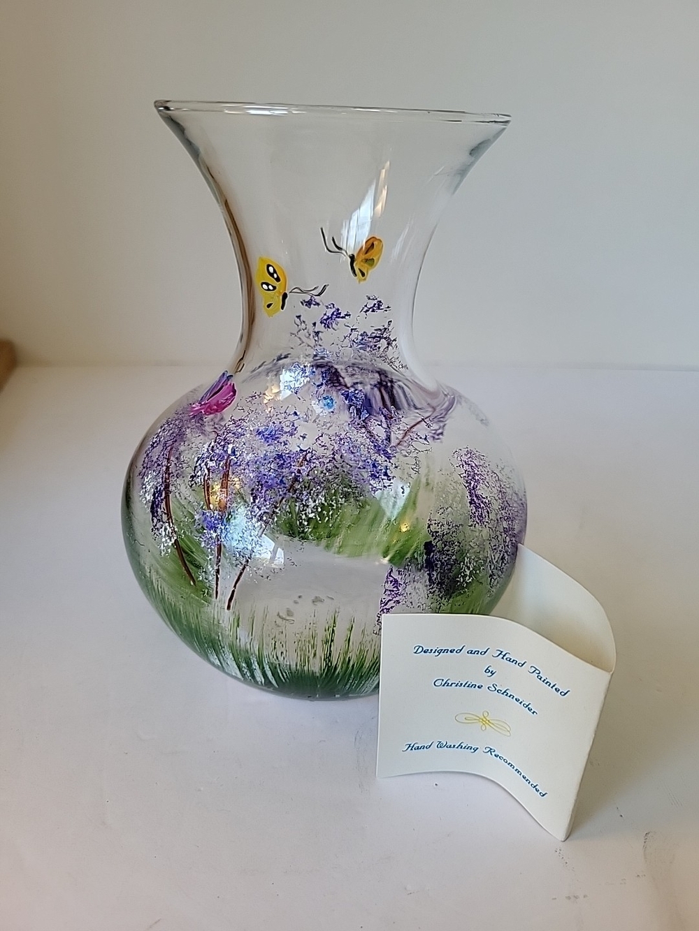 Hand-Painted Floral Glass Vase with Butterflies - Purple & Green Signed